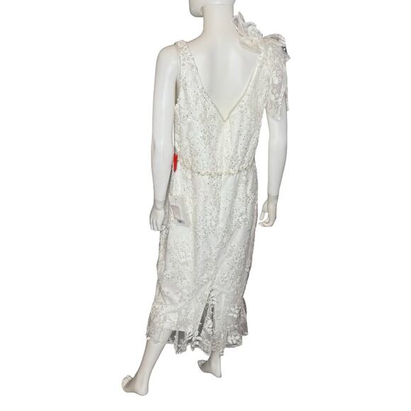 Mac Duggal White Floral Embellished V-neck Midi Dress with Shoulder Bow Sz 14 - Picture 8 of 10